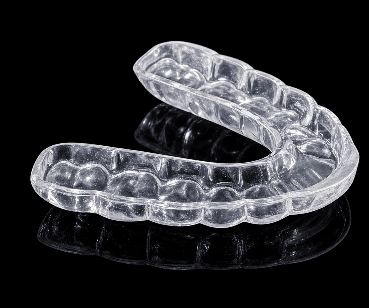 Clear dental night guard on black background.