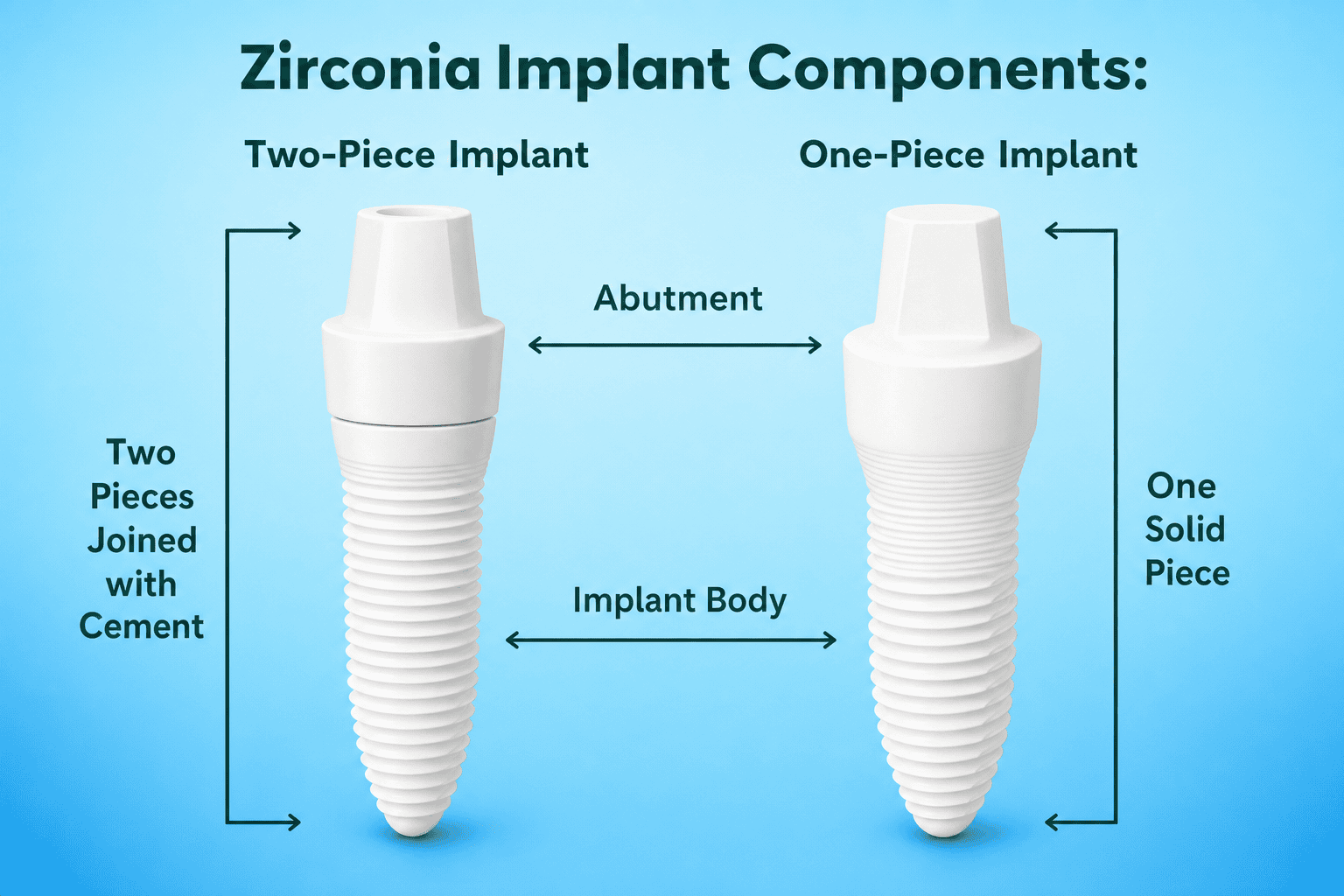 Zirconia implant components: two-piece and one-piece.