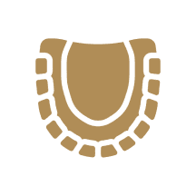 Stylized gold teeth icon on black background.