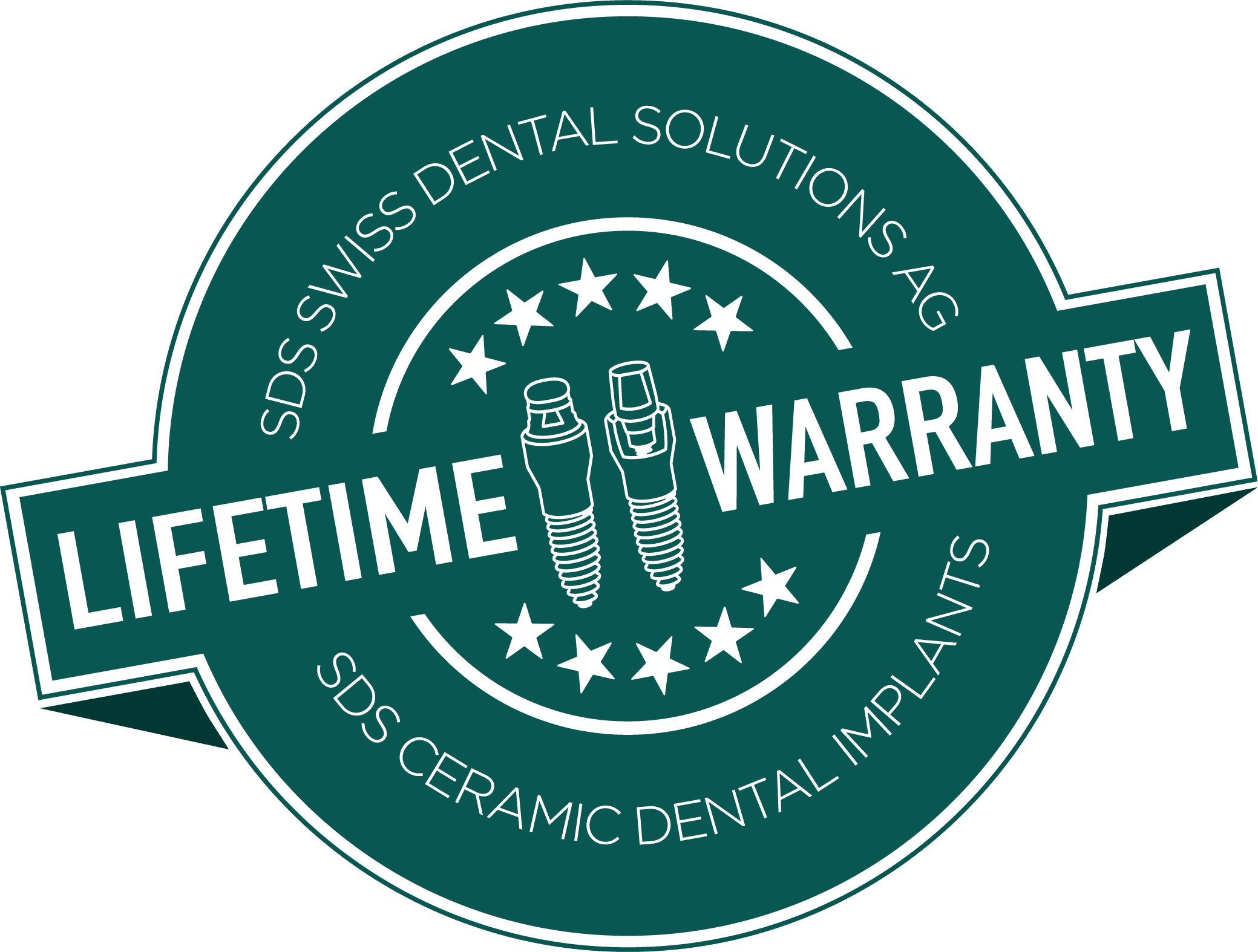 Logo with the text "SDS Swiss Dental Solutions AG Lifetime Warranty" written on it